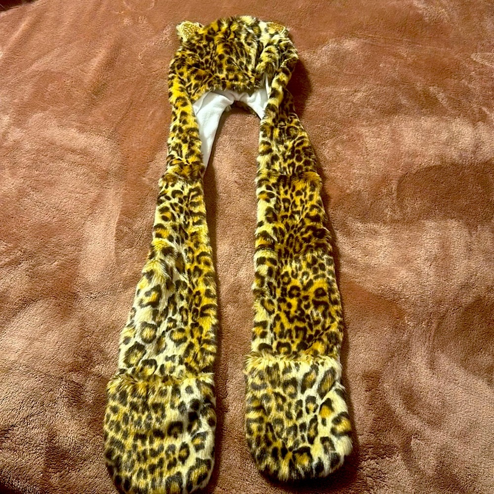 Animal Cheeta Hood hoodie hat with scarf and mittens attached.